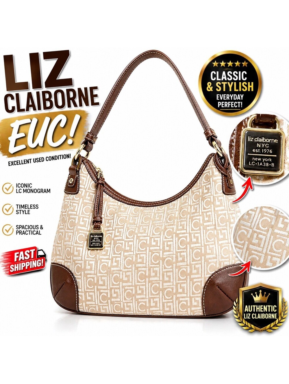 Liz Claiborne Logo Beige Canvas Monogram Brown Strap Purse HandBag Shoulder Bag